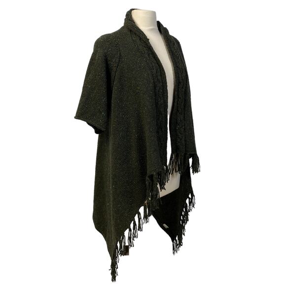 IRELANDS EYE 100% Wool Speckled Wrap Cardigan Sweater Fringe 1-Size Cable Knit - Picture 1 of 11
